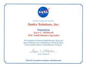NASA KSC Certificate of Appreciation